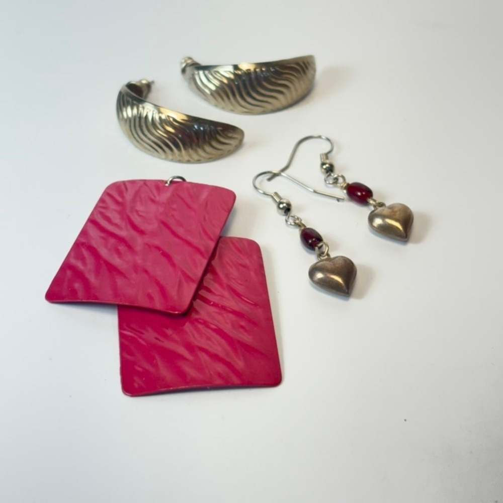 Vintage Earring Lot Magenta Silver Heart Dangle Crescent Hoop Statement Eclectic